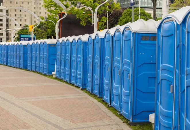 a row of portable restrooms at a fairground, offering visitors a clean and hassle-free experience in Chicago